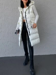EURMUSE Drawstring Flap Pockets Hooded Vest Puffer Coat - White - View 4