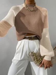 SHEIN Essnce Jersey de color combinado de cuello alto de manga raglán - Marrón Mocha - Ver 4