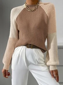 SHEIN Essnce Jersey de color combinado de cuello alto de manga raglán - Marrón Mocha - Ver 6