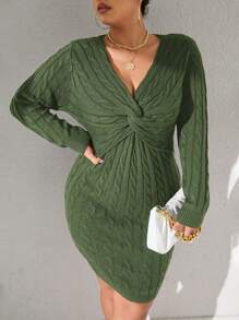 Celure 大碼扭結麻花編織毛衣裙 - 軍綠色 - 查看 1