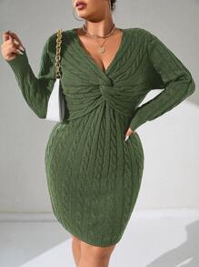 Celure 大碼扭結麻花編織毛衣裙 - 軍綠色 - 查看 3