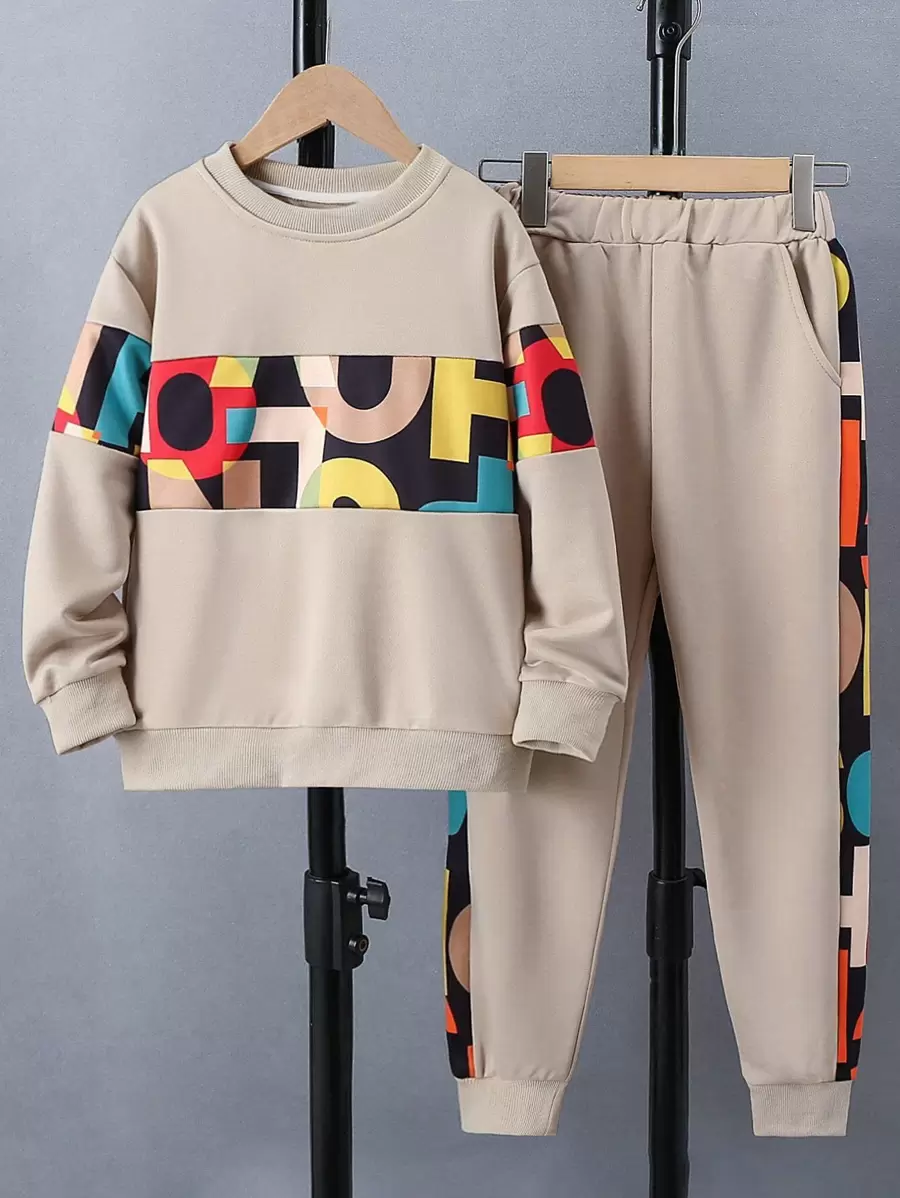 SHEIN 青少年男孩字母圖案運動衫和運動褲 - 卡其色 - 查看 1