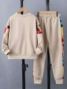 SHEIN 青少年男孩字母圖案運動衫和運動褲 - 卡其色 - 查看 2