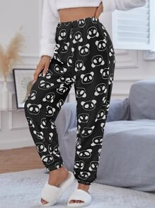Panda Head Pattern Flannel Sleep Trousers - Black - View 1