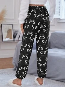 Panda Head Pattern Flannel Sleep Trousers - Black - View 2