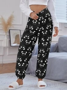 Panda Head Pattern Flannel Sleep Trousers - Black - View 4