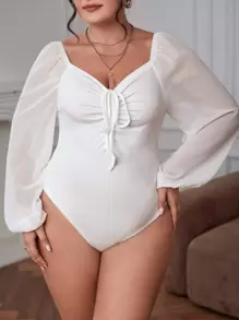 SHEIN Privé Plus Drawstring Ruched Lantern Sleeve Bodysuit - White - View 6