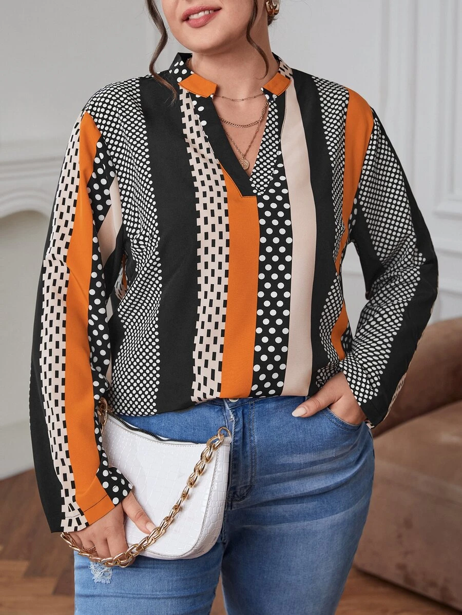 SHEIN Clasi Plus Polka Dot & Striped Print Notched Neckline Blouse - Multicolor - View 1