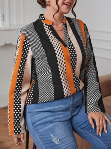SHEIN Clasi Plus Polka Dot & Striped Print Notched Neckline Blouse - Multicolor - View 4
