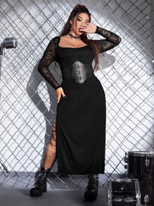 ROMWE PUNK Đầm Plus Size Tương phản ren Tách cao màu trơn Buổi tiệc - màu đen - Xem 4
