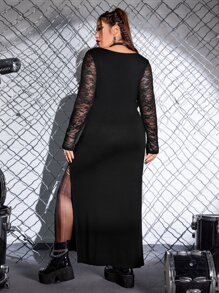 ROMWE PUNK Đầm Plus Size Tương phản ren Tách cao màu trơn Buổi tiệc - màu đen - Xem 2