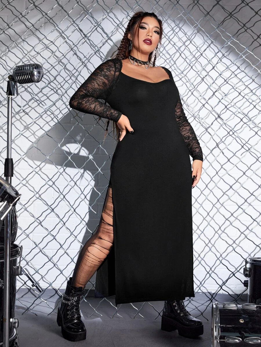 ROMWE PUNK Đầm Plus Size Tương phản ren Tách cao màu trơn Buổi tiệc - màu đen - Xem 1