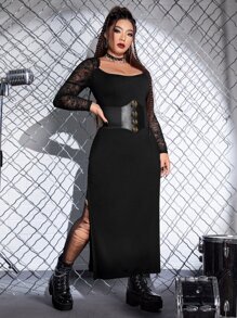 ROMWE PUNK Đầm Plus Size Tương phản ren Tách cao màu trơn Buổi tiệc - màu đen - Xem 5