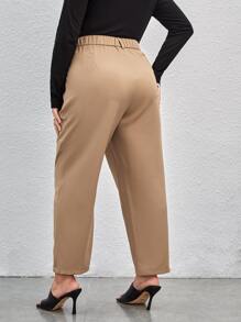 SHEIN Essnce Quần Plus Size Nút Dây kéo màu trơn Thanh lịch - Màu Khaki - Xem 2