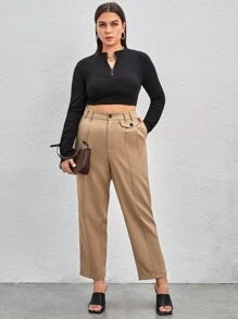 SHEIN Essnce Quần Plus Size Nút Dây kéo màu trơn Thanh lịch - Màu Khaki - Xem 3