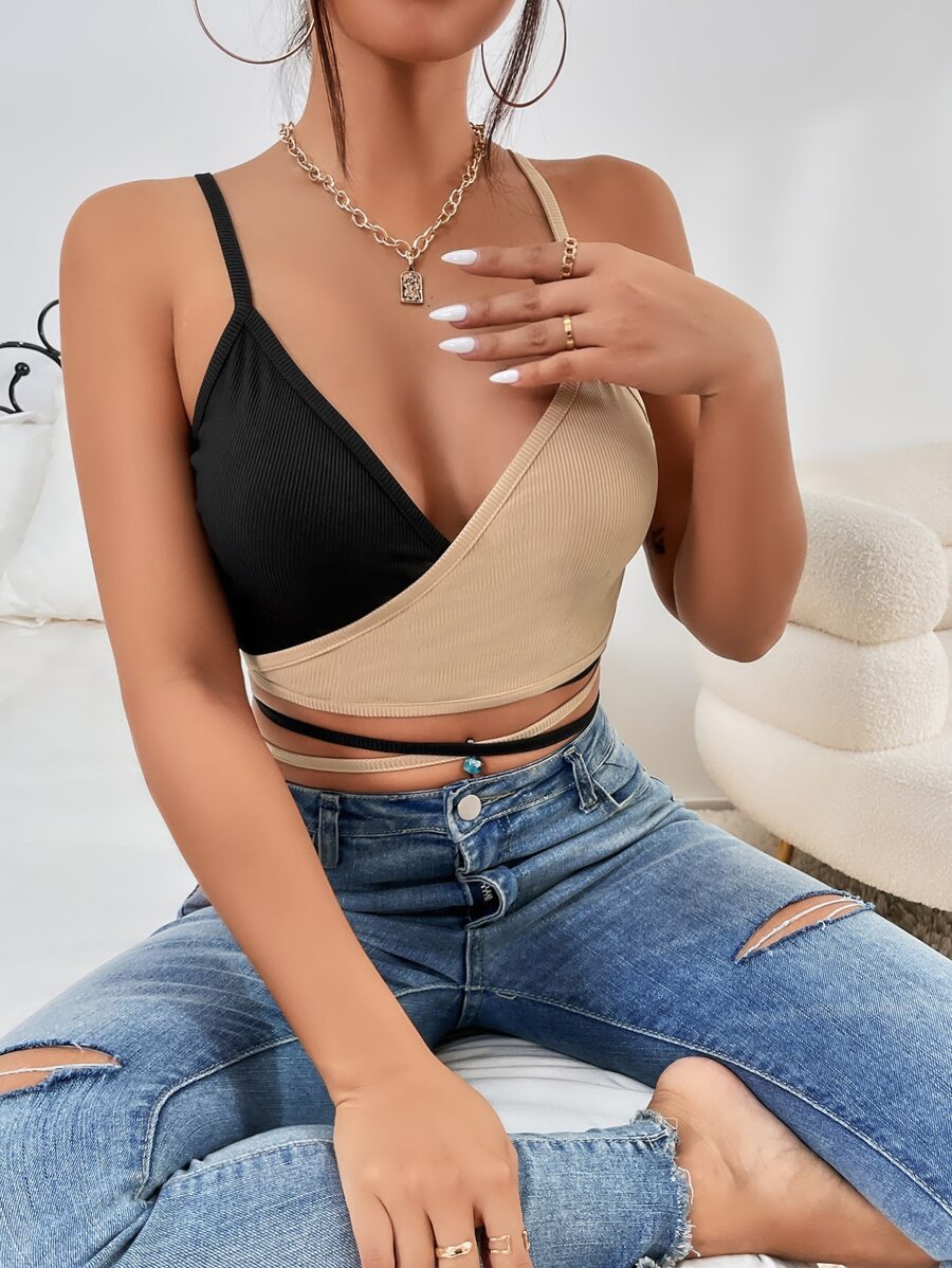 Two Tone Lace Up Tie Back Crop Cami Top