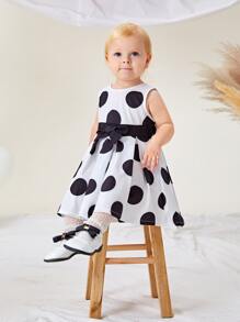SHEIN 嬰兒波卡圓點無袖前蝴蝶結連衣裙 - 黑與白 - 查看 3