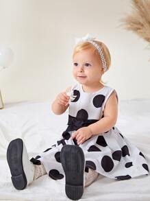 SHEIN 嬰兒波卡圓點無袖前蝴蝶結連衣裙 - 黑與白 - 查看 7