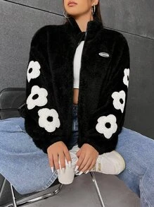 SHEIN Qutie Plus Floral Patch Detail Drop Shoulder Teddy Jacket - Black - View 1