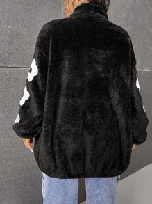 SHEIN Qutie Plus Floral Patch Detail Drop Shoulder Teddy Jacket - Black - View 2