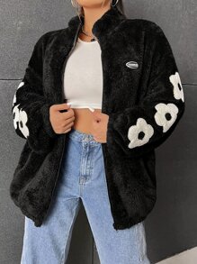 SHEIN Qutie Plus Floral Patch Detail Drop Shoulder Teddy Jacket - Black - View 3
