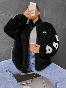 SHEIN Qutie Plus Floral Patch Detail Drop Shoulder Teddy Jacket - Black - View 5