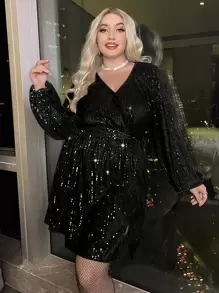 SHEIN Belle Plus Surplice Neck Lantern Sleeve Belted Sequin Dress - Black - View 1