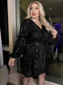 SHEIN Belle Plus Surplice Neck Lantern Sleeve Belted Sequin Dress - Black - View 3