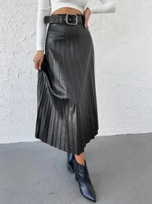 EURMUSE PU Pleated Skirt Without Belt - Black - View 3