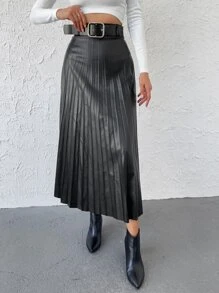 EURMUSE PU Pleated Skirt Without Belt - Black - View 4