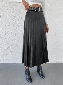 EURMUSE PU Pleated Skirt Without Belt - Black - View 5