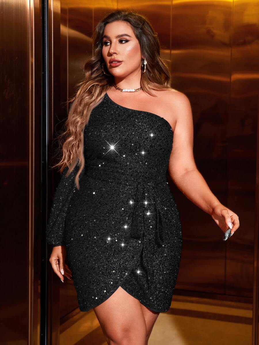SHEIN Belle Plus One Shoulder Tulip Hem Sequin Bodycon Dress - Black - View 1