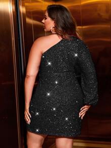 SHEIN Belle Plus One Shoulder Tulip Hem Sequin Bodycon Dress - Black - View 2