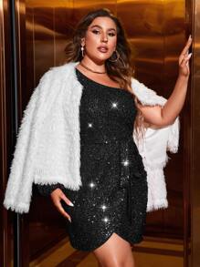 SHEIN Belle Plus One Shoulder Tulip Hem Sequin Bodycon Dress - Black - View 4