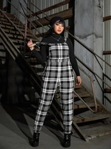 ROMWE PUNK Plus Plaid Overall Jumpsuit Without Tee - Black and White - View 1