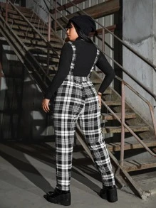 ROMWE PUNK Plus Plaid Overall Jumpsuit Without Tee - Black and White - View 2