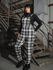 ROMWE PUNK Plus Plaid Overall Jumpsuit Without Tee - Black and White - View 3