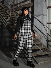 ROMWE PUNK Plus Plaid Overall Jumpsuit Without Tee - Black and White - View 5