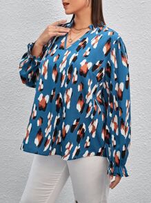 Plus Allover Print Flounce Sleeve Blouse - Multicolor - View 3