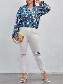Plus Allover Print Flounce Sleeve Blouse - Multicolor - View 4