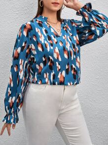 Plus Allover Print Flounce Sleeve Blouse - Multicolor - View 5