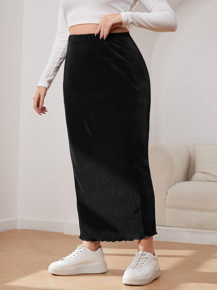 CovetEZ Plus High Waist Rib Knit Lettuce Trim Pencil Skirt - Black - View 1