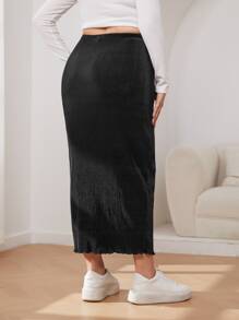CovetEZ Plus High Waist Rib Knit Lettuce Trim Pencil Skirt - Black - View 2
