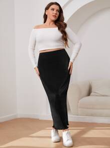 CovetEZ Plus High Waist Rib Knit Lettuce Trim Pencil Skirt - Black - View 3