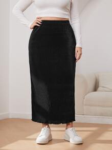 CovetEZ Plus High Waist Rib Knit Lettuce Trim Pencil Skirt - Black - View 4