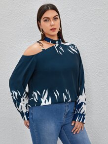 SHEIN Clasi Plus Plants Print Asymmetrical Neck Blouse - Navy Blue - View 3
