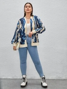 SHEIN LUNE Plus Marble Print Bomber Jacket - Multicolor - View 3