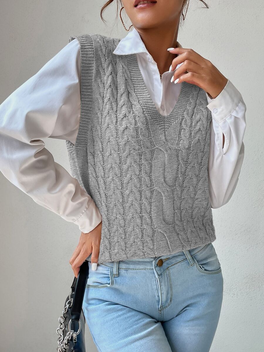 Chiquease V Neck Cable Knit Sweater Vest - Grey - View 1