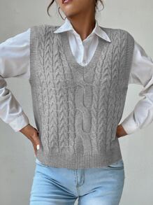 Chiquease V Neck Cable Knit Sweater Vest - Grey - View 4