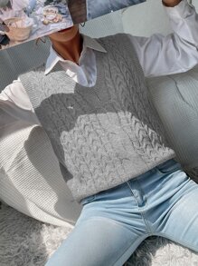 Chiquease V Neck Cable Knit Sweater Vest - Grey - View 6